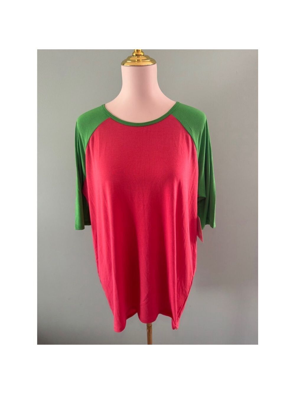 Women's LuLaRoe Irma Top XS Hot Pink and Green Baseball Tee
